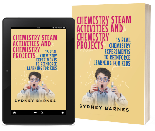 A tablet and book cover of chemistry steam activities and chemistry projects